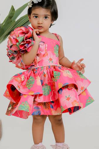 Pink printed one shoulder muslin frock