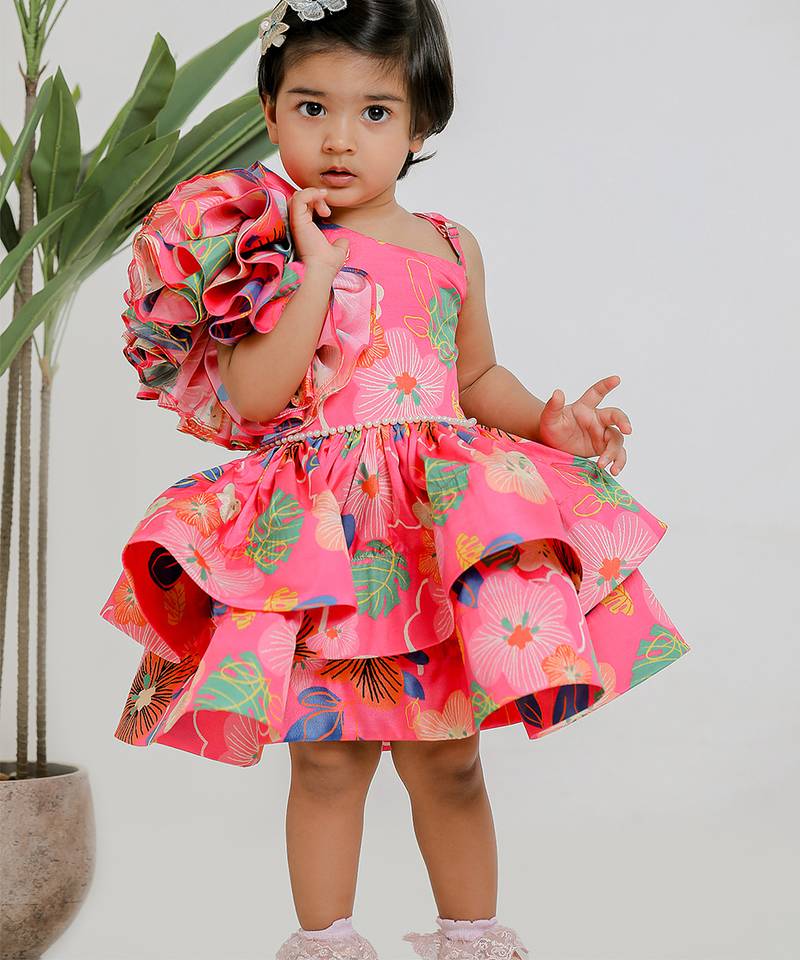 Pink printed one shoulder muslin frock
