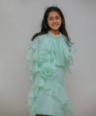 Sea green embroidered satin dress 4
