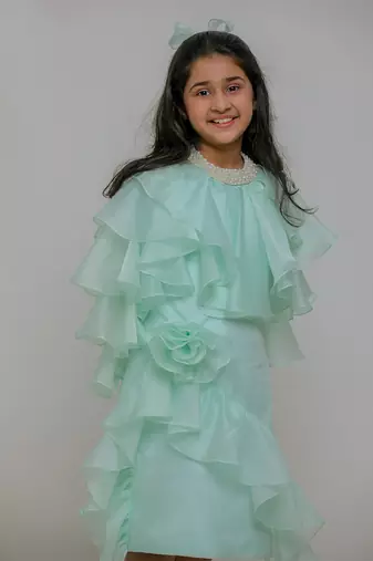 Sea green embroidered satin dress