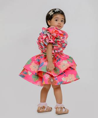 Pink printed one shoulder muslin frock 2