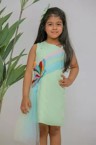 Sea green embroidered banana crepe dress