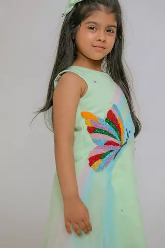 Sea green embroidered banana crepe dress