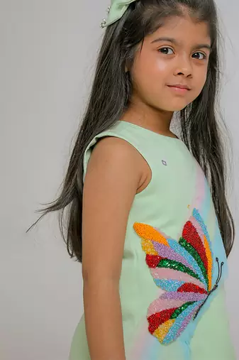 Sea green embroidered banana crepe dress