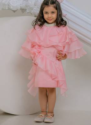 Peach pink embroidered satin organza dress 1