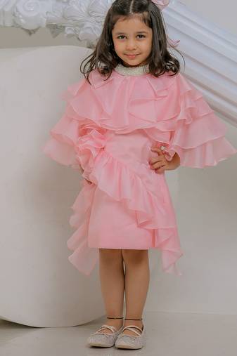 Peach pink embroidered satin organza dress