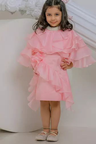 Peach pink embroidered satin organza dress