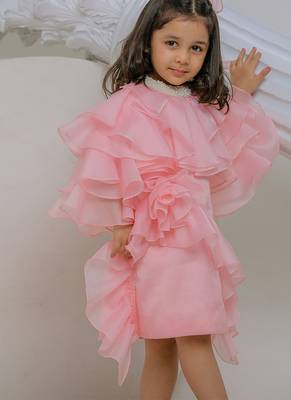 Peach pink embroidered satin organza dress 2