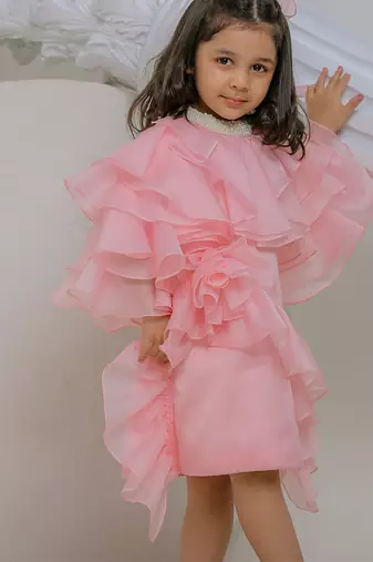 Peach pink embroidered satin organza dress