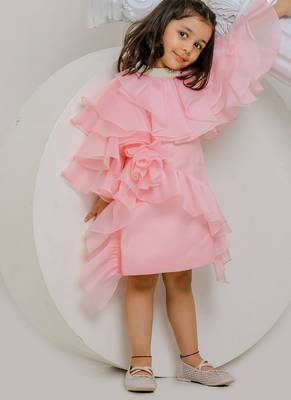Peach pink embroidered satin organza dress 4