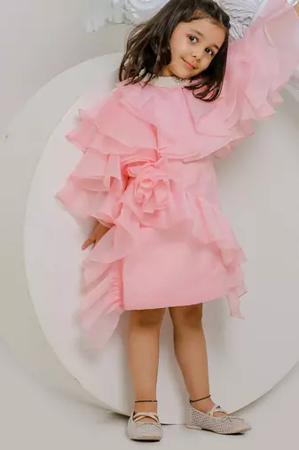 Peach pink embroidered satin organza dress