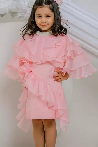 Peach pink embroidered satin organza dress