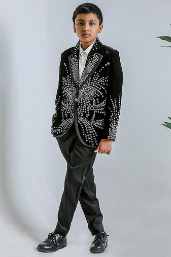 Jet black embroidered velvet cotton tuxedo set