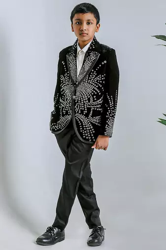 Jet black embroidered velvet cotton tuxedo set