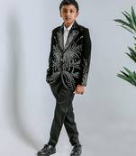 Jet black embroidered velvet cotton tuxedo set