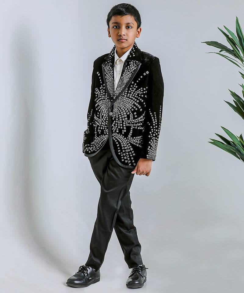 Jet black embroidered velvet cotton tuxedo set