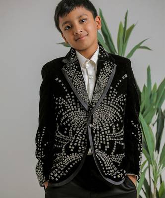 Jet black embroidered velvet cotton tuxedo set 2