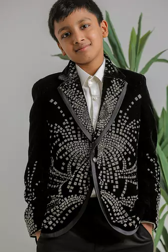 Jet black embroidered velvet cotton tuxedo set