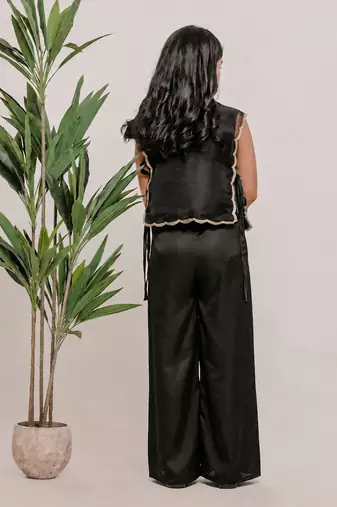 Black embroidered silk co ord set
