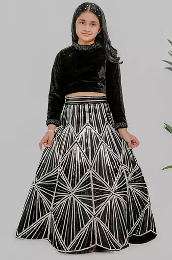 Black embroidered velvet silk lehenga choli