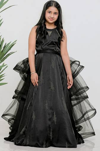 Black embroidered satin drapped gown