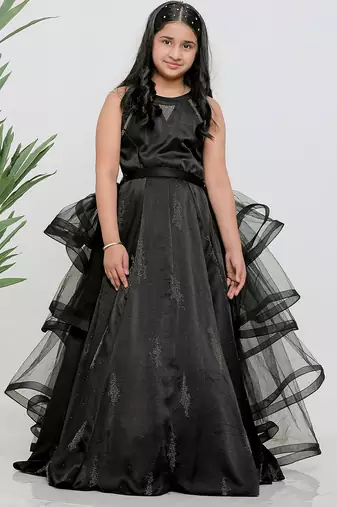 Black embroidered satin drapped gown