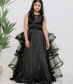 Black embroidered satin drapped gown