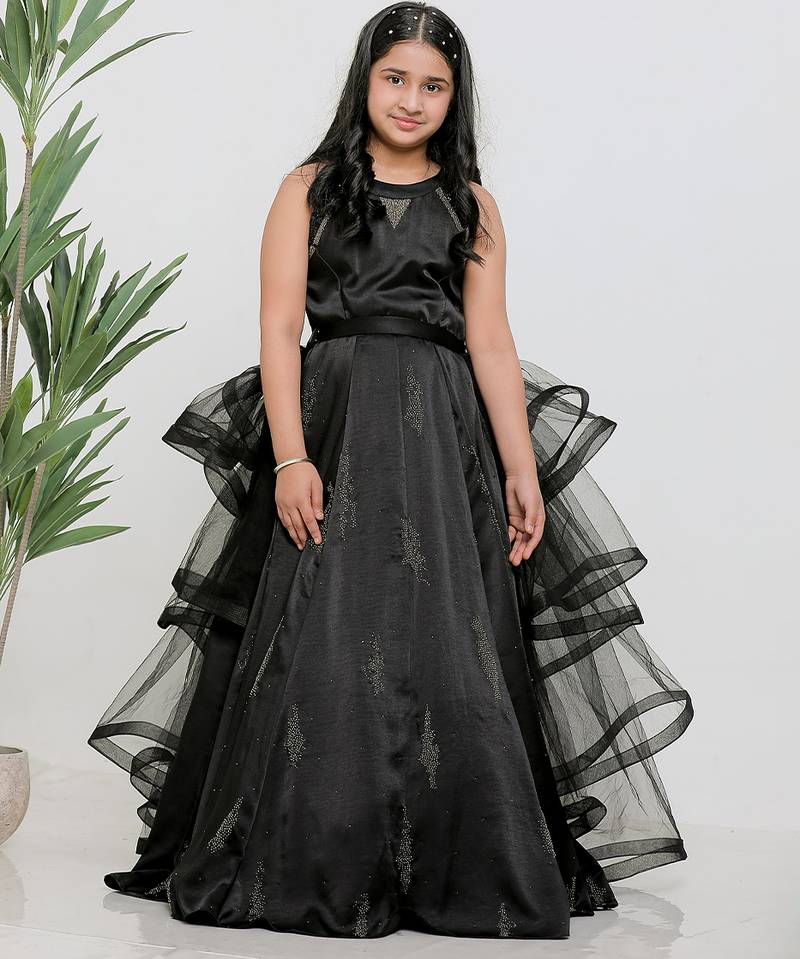 Black embroidered satin drapped gown