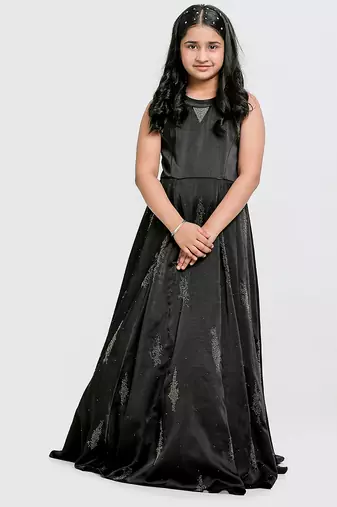 Black embroidered satin drapped gown