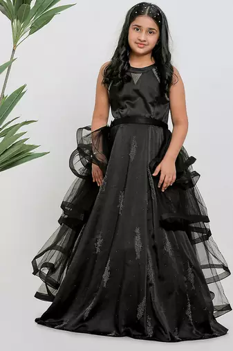 Black embroidered satin drapped gown