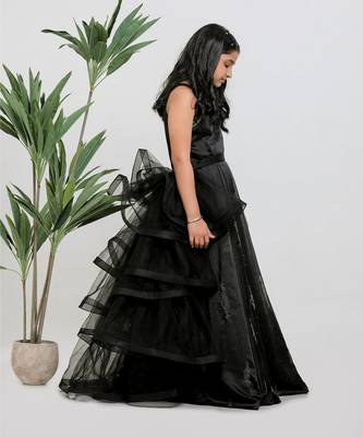 Black embroidered satin drapped gown 4