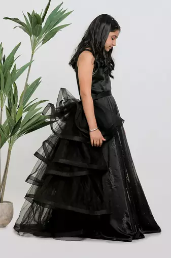Black embroidered satin drapped gown