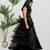 Black embroidered satin drapped gown