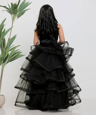 Black embroidered satin drapped gown 5