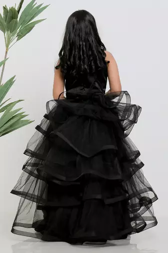 Black embroidered satin drapped gown
