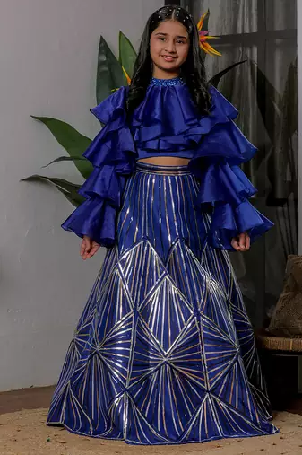 Royal blue embroidered satin lehenga choli