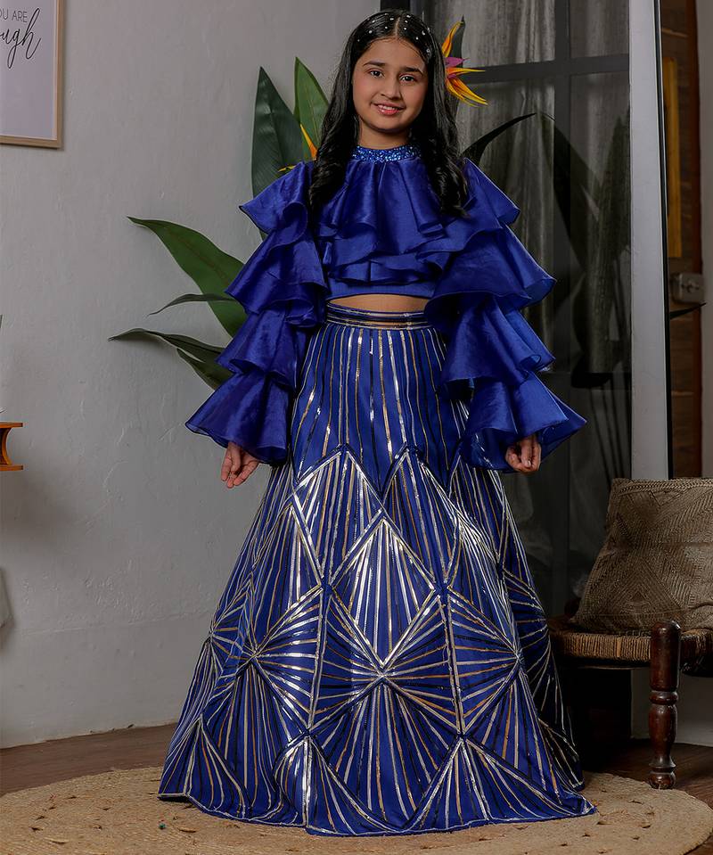 Royal blue embroidered satin lehenga choli