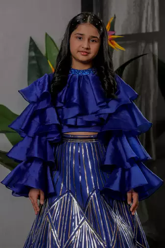 Royal blue embroidered satin lehenga choli