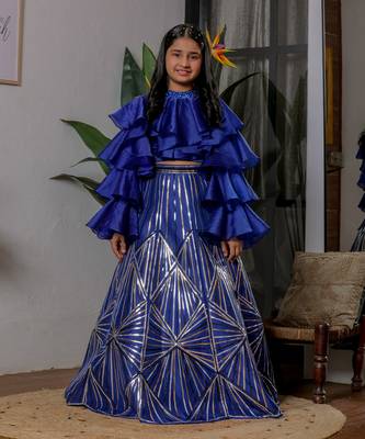 Royal blue embroidered satin lehenga choli 3