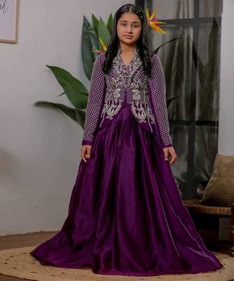 Royal purple embroidered velvet satin jacket lehenga set 1