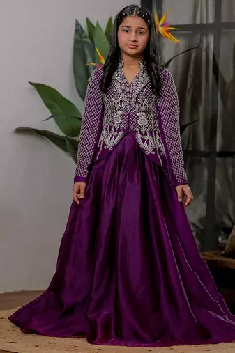 Royal purple embroidered velvet satin jacket lehenga set