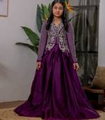 Royal purple embroidered velvet satin jacket lehenga set
