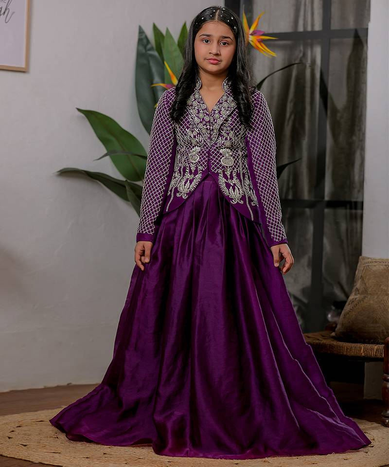 Royal purple embroidered velvet satin jacket lehenga set