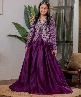 Royal purple embroidered velvet satin jacket lehenga set 2