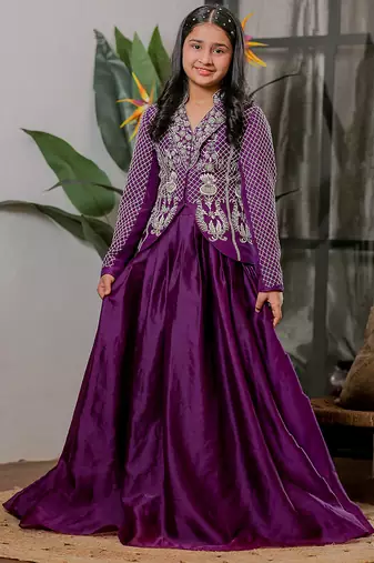 Royal purple embroidered velvet satin jacket lehenga set