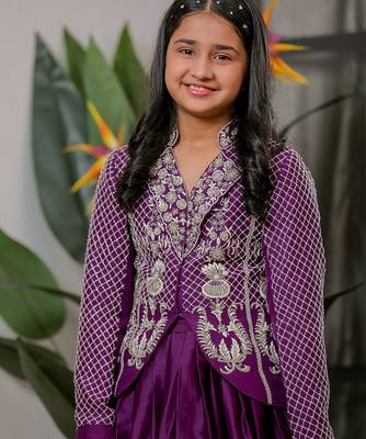 Royal purple embroidered velvet satin jacket lehenga set 3