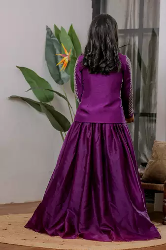 Royal purple embroidered velvet satin jacket lehenga set