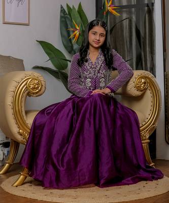 Royal purple embroidered velvet satin jacket lehenga set 5