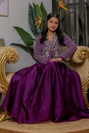 Royal purple embroidered velvet satin jacket lehenga set