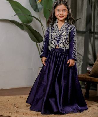Navy blue embroidered velvet jacket lehenga set 1